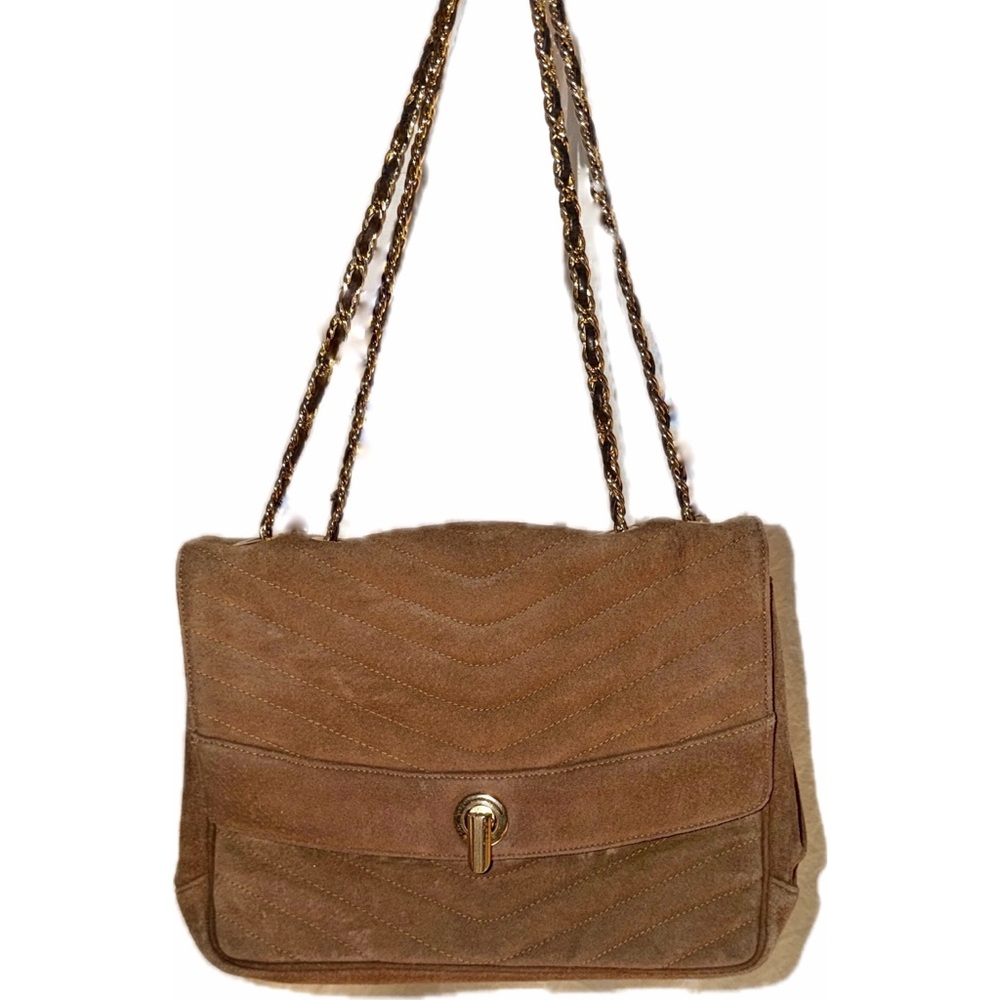 Vintage 1970’s Morris Moskowitz Suede Chevron Stitch Flap Bag Gold Chain Straps